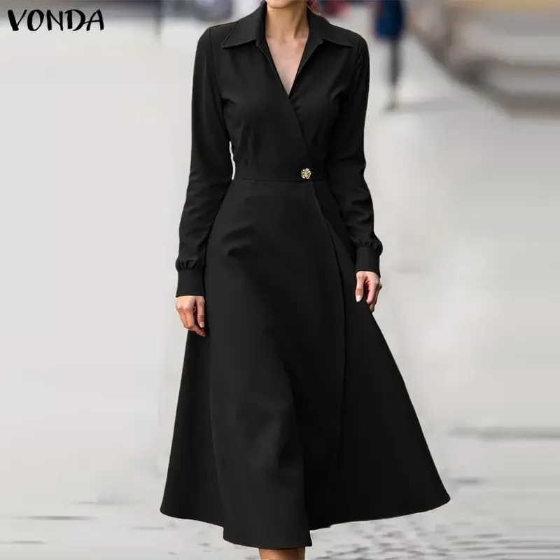 VONDA Elegant Party Dresses Women Long Sleeve Lapel Solid Midi Vestidos 2026 Autumn Spring Buttons Fashion Robe Plus Size 5XL 3