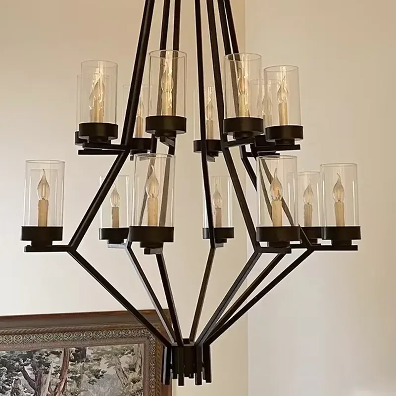 Customized Project Chain Chandelier Pendant Lamp Black Metal clear Glass Modern Uplight for High Ceiling Hotel Villa
