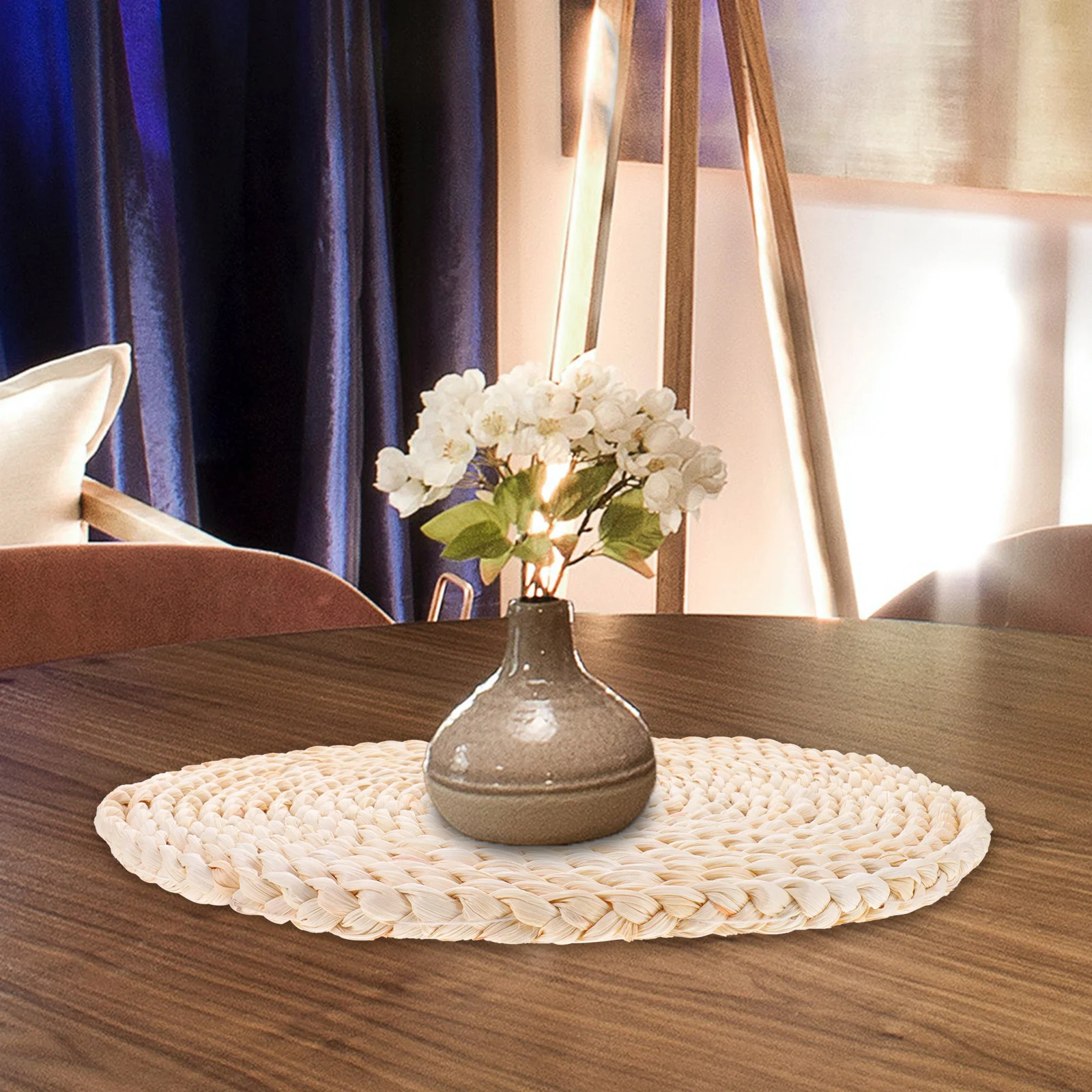ريفي مضفر المنسوجة تحديد الموقع مقاومة للحرارة مكان مستدير حصيرة لطاولة الطعام القش الطبيعي المنسوجة أدوات المائدة وسادة ديكور للطاولات
