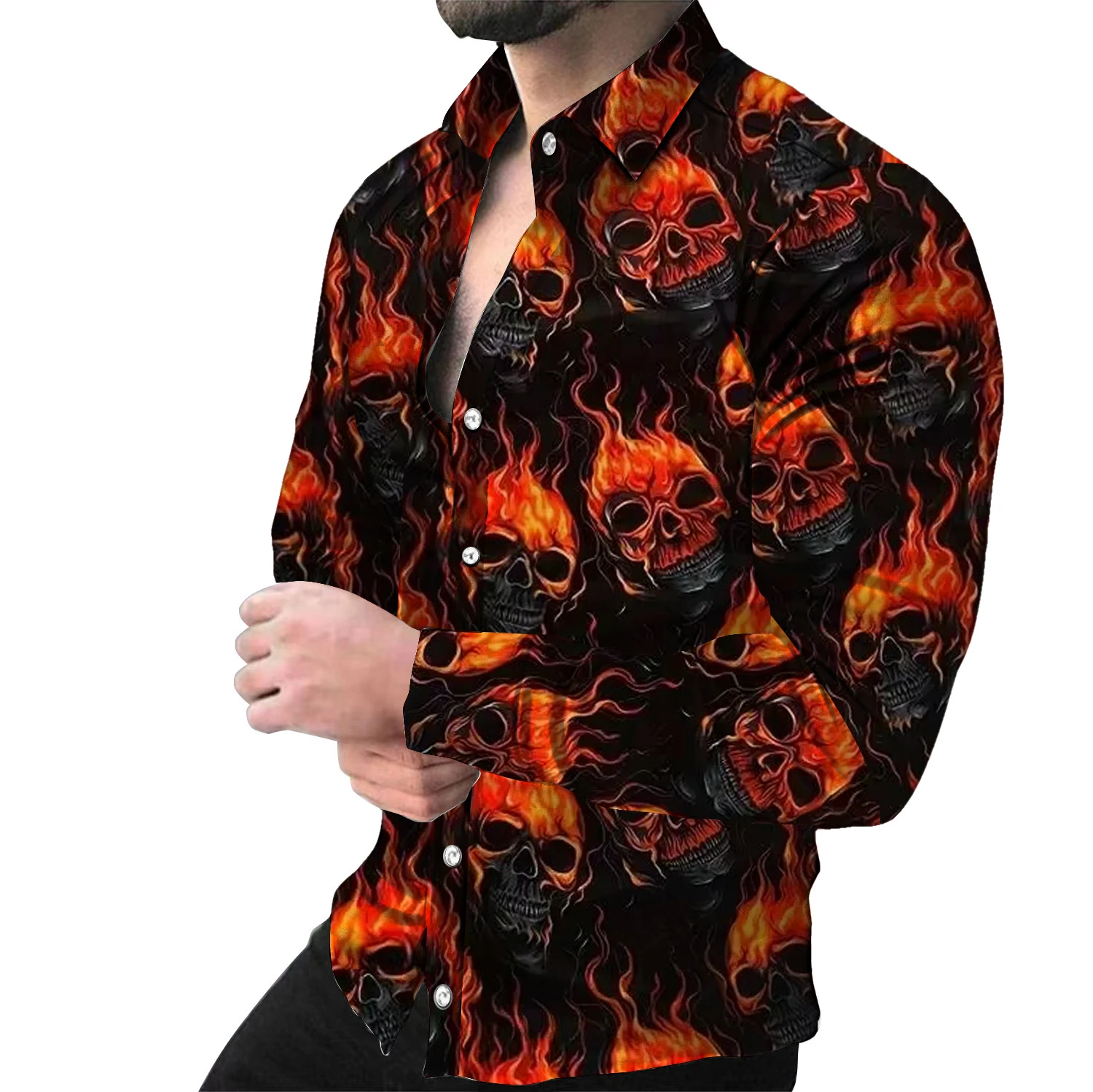 Fashionable men\'s long sleeved button up shirt, 3D full skull print, Spring and Autumn fashion, special gift