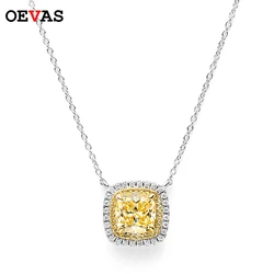 OEVAS 100% 925 Sterling Silver 8*8mm Yellow High Carbon Diamond Pendant Necklace For Women Sparkling Wedding Party Fine Jewelry