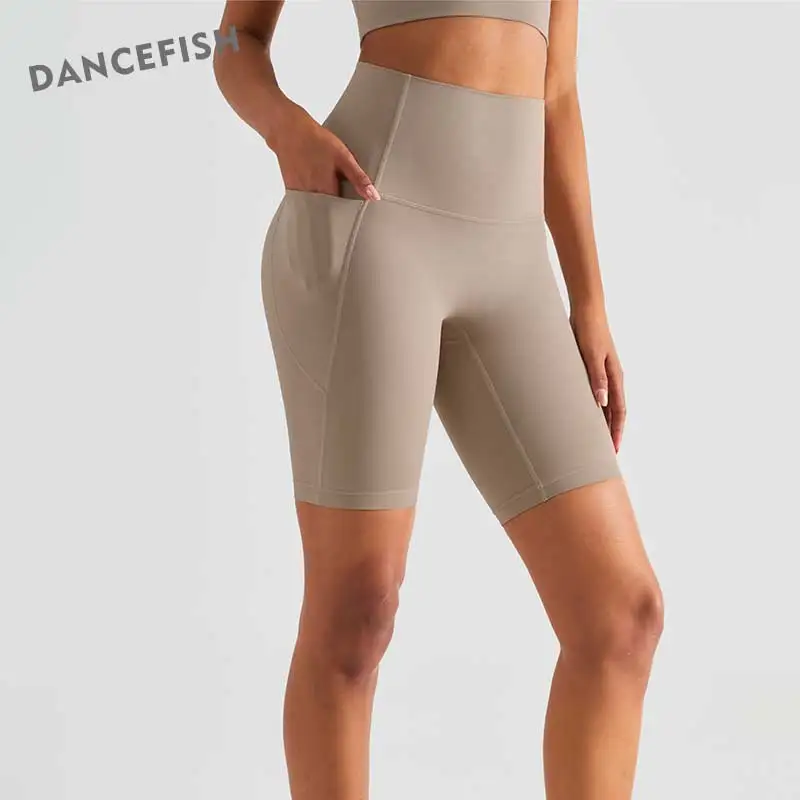 

DANCEFISH Women Riding Pants Side Pocket Hight Weight Butt Lift Activewear Runing Training Fitness Sportwear Yoga Shorts