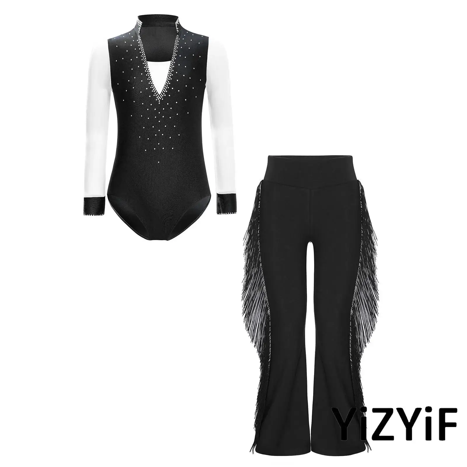 

Boys Dynamic Latin Dance Outfit Sheer Mesh Long Sleeve Rumba Latin Leotard with Bell Bottom Pants for Gymnastics Figure Skating