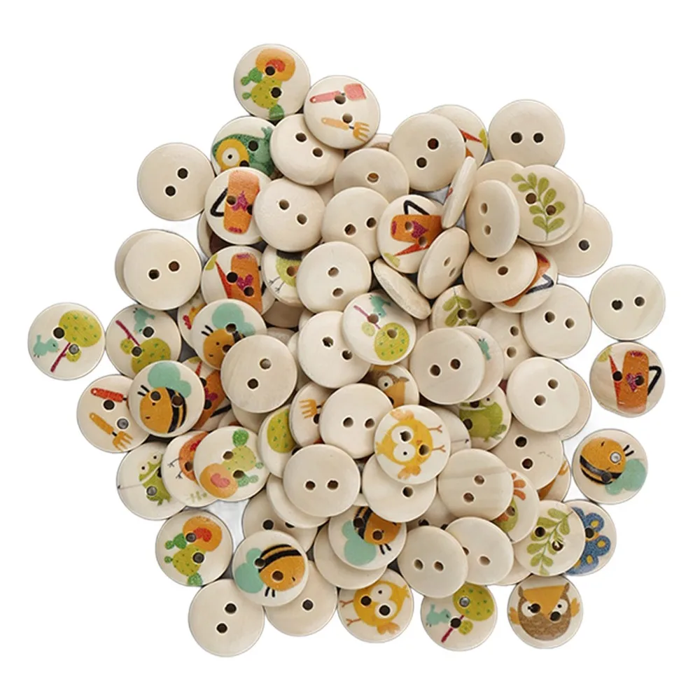 100pcs Sewing 2 Holes Wooden Buttons Mixed Color Round Shape Decorative Wooden Buttons Mixed Printing Buttons DIY Projects