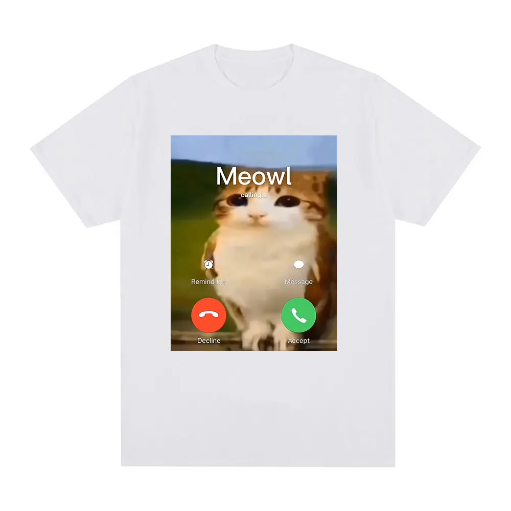 T-shirts Meowl Is Calling Phone Call Meme Brainrot Funny Cat Owl, Vêtements Mode Harajuku à Manches Courtes