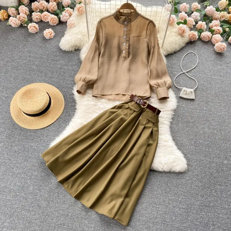 Herfst Nieuwe Dameskleding Retro Zachte Stijl Franse Shirt Rok Pendelen Elegant Temperament Mode Set Tweedelige Rok Set