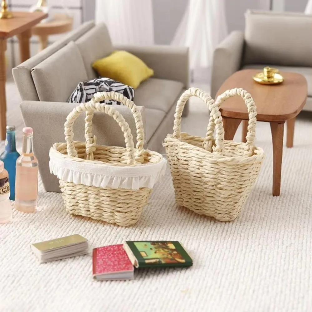 

Lace Trim Miniature Purse With Handles 1/12 Scale Dollhouse Storage Basket Miniature Size Wicker Material Mini Wicker Basket