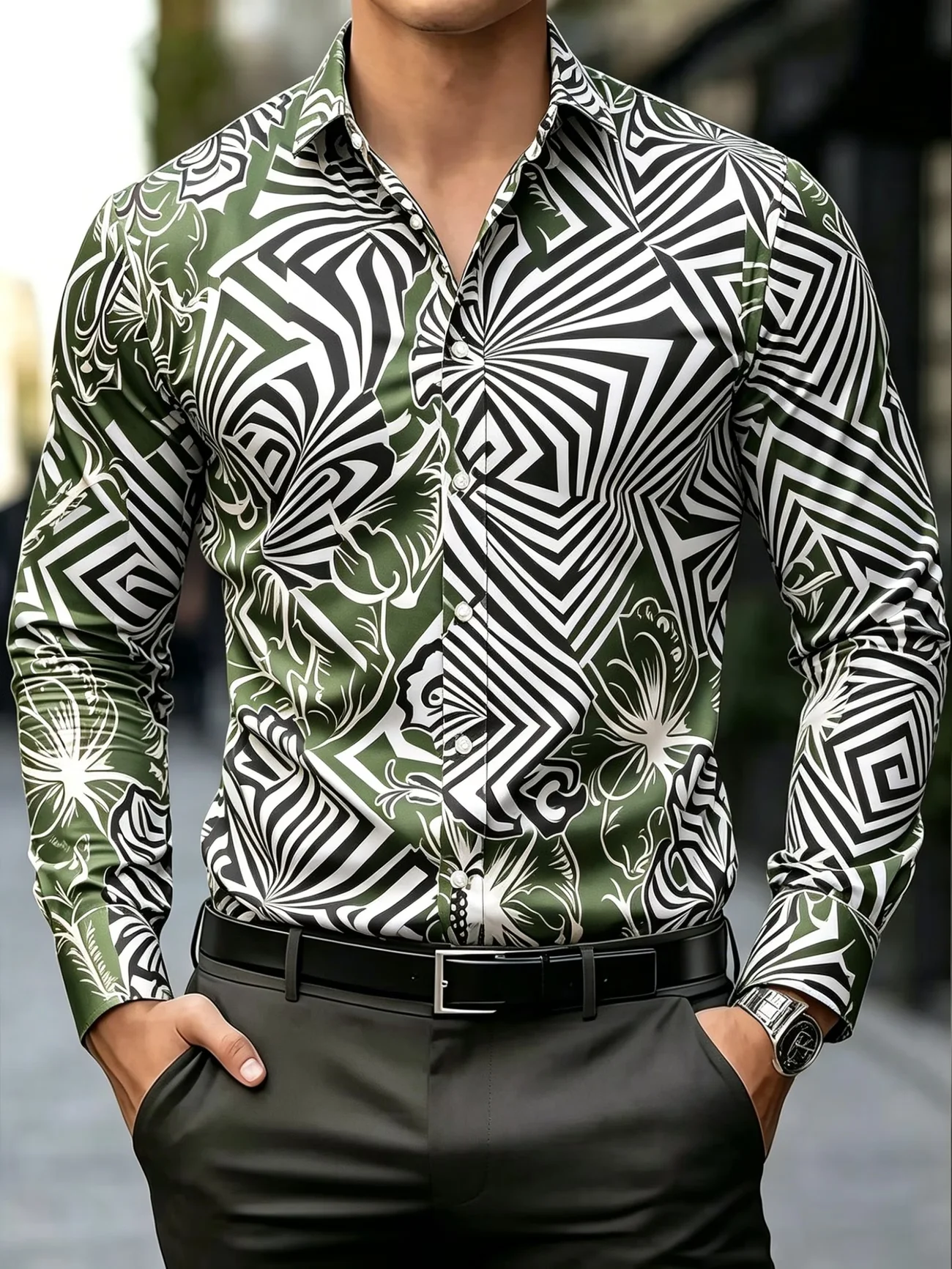 New black background purple pen graffiti irregular geometric lines artistic printing men's lapel long sleeved shirt