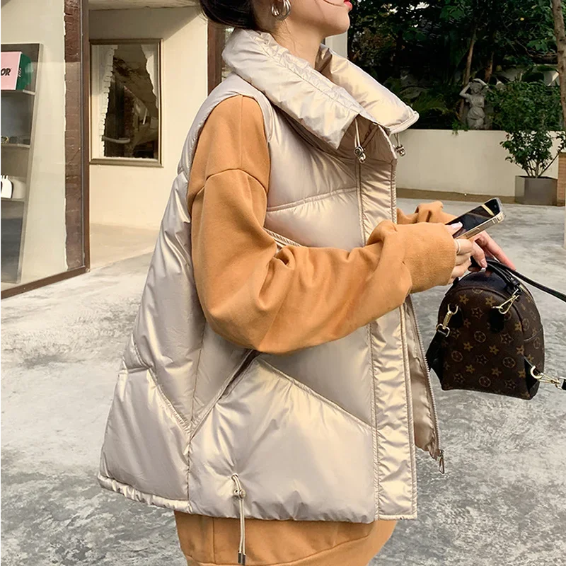 Versione coreana del gilet invernale da donna in cotone spesso con coulisse gilet alla moda con colletto alla coreana allentato e sottile