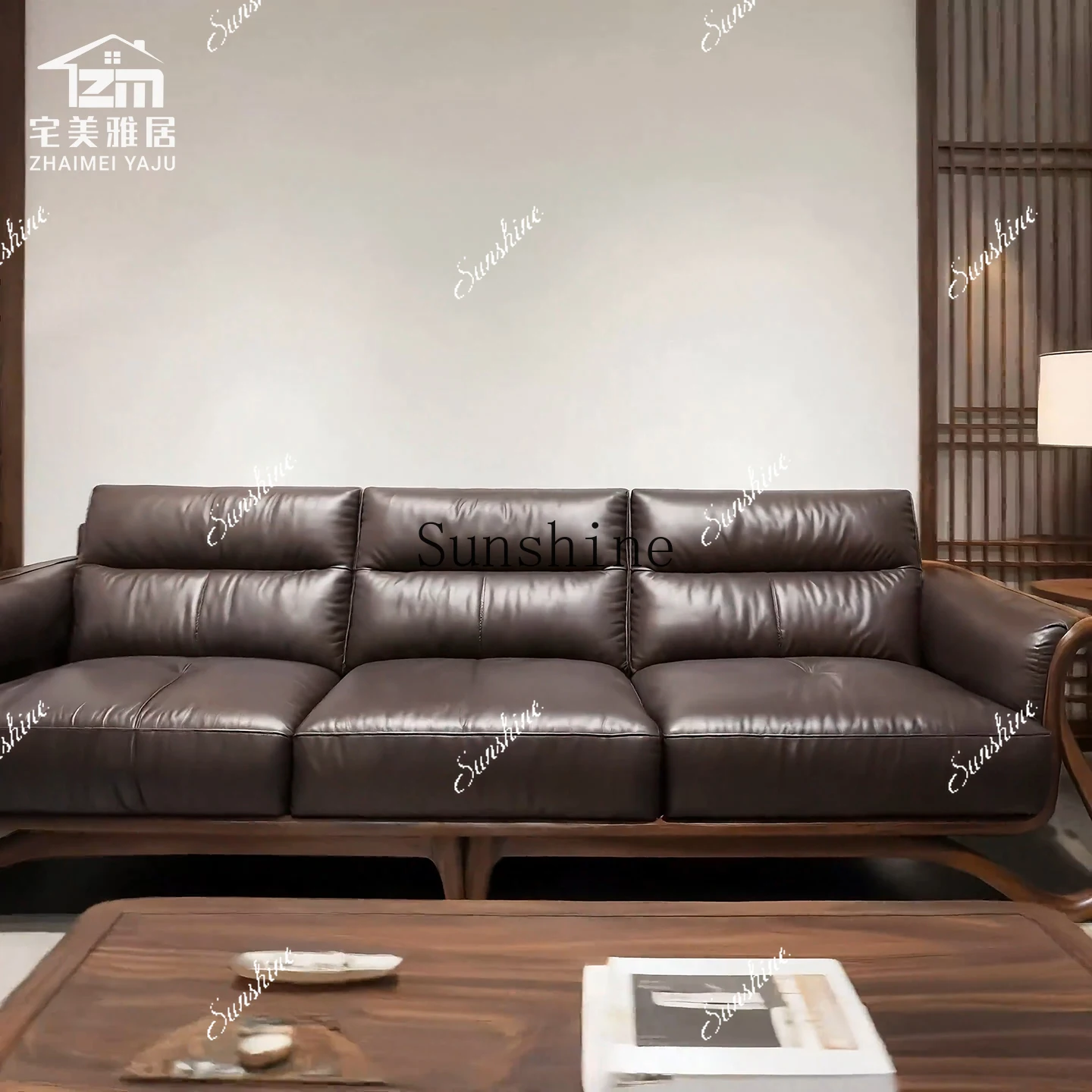 New Chinese-style all-solid wood leather sofa light luxury modern simple design creative furniture customizationY