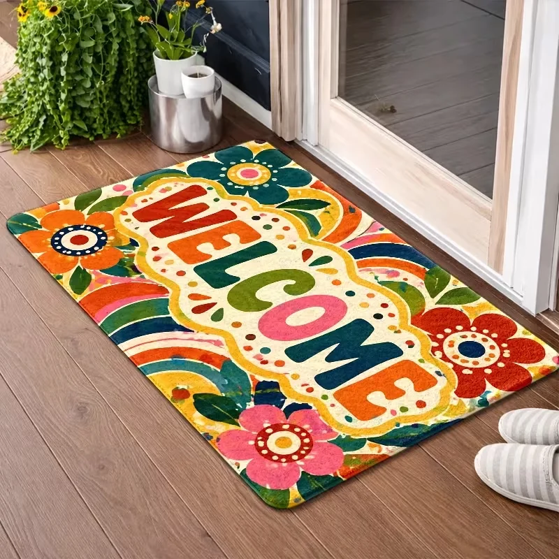 Colorful Boho Rainbow Floral Welcome Door Mat Non Slip Indoor Entrance Rug Bright Retro Daisy Curve Dot Print Doormat