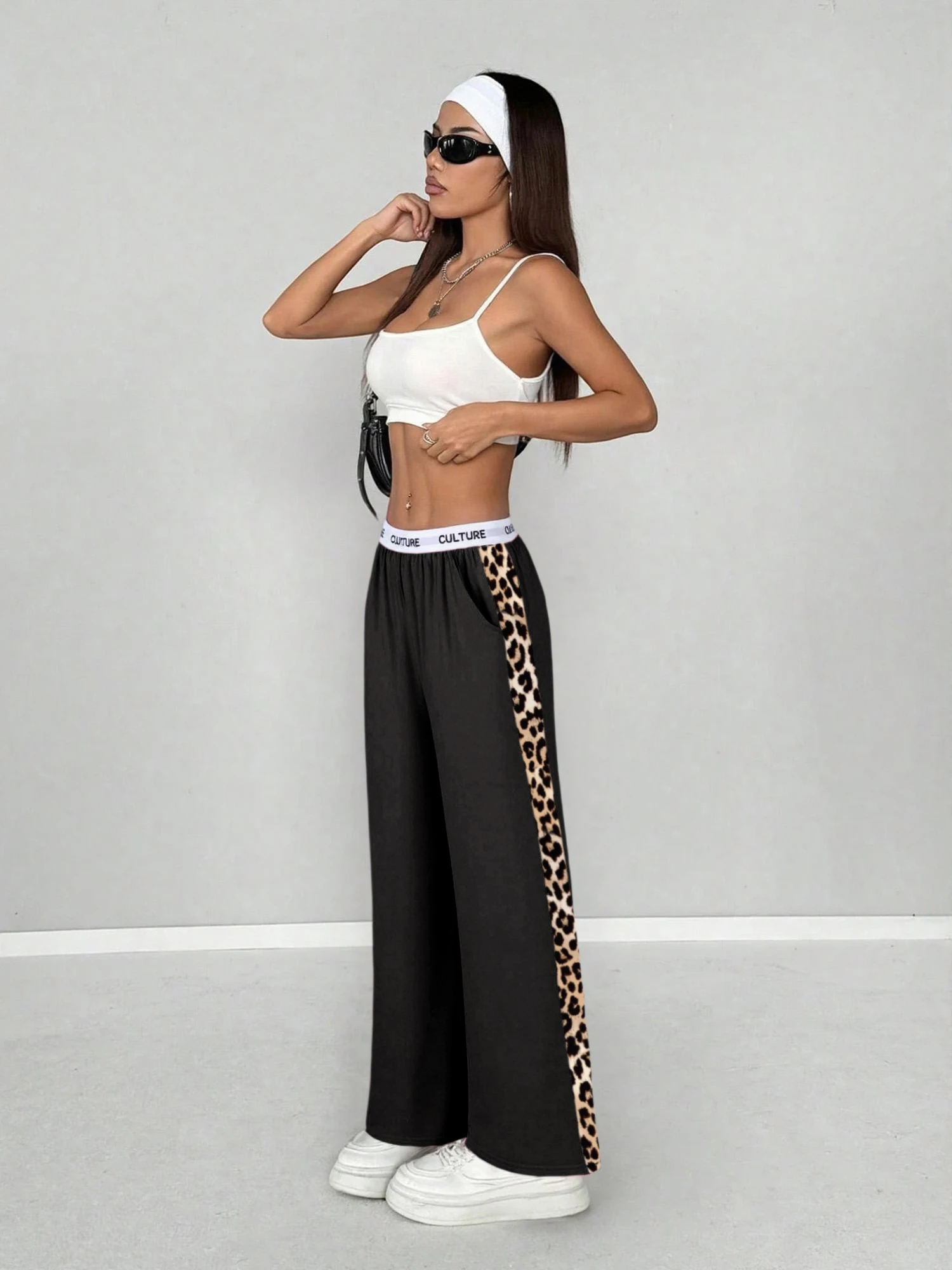 2026 Neu Heißer Verkauf Damen Leopardenmuster Seitenstreifen Weite Hose Lässige High-Waist Hose mit Schriftzug-Bund Lockerer Streetwear-Stil – Detail 11