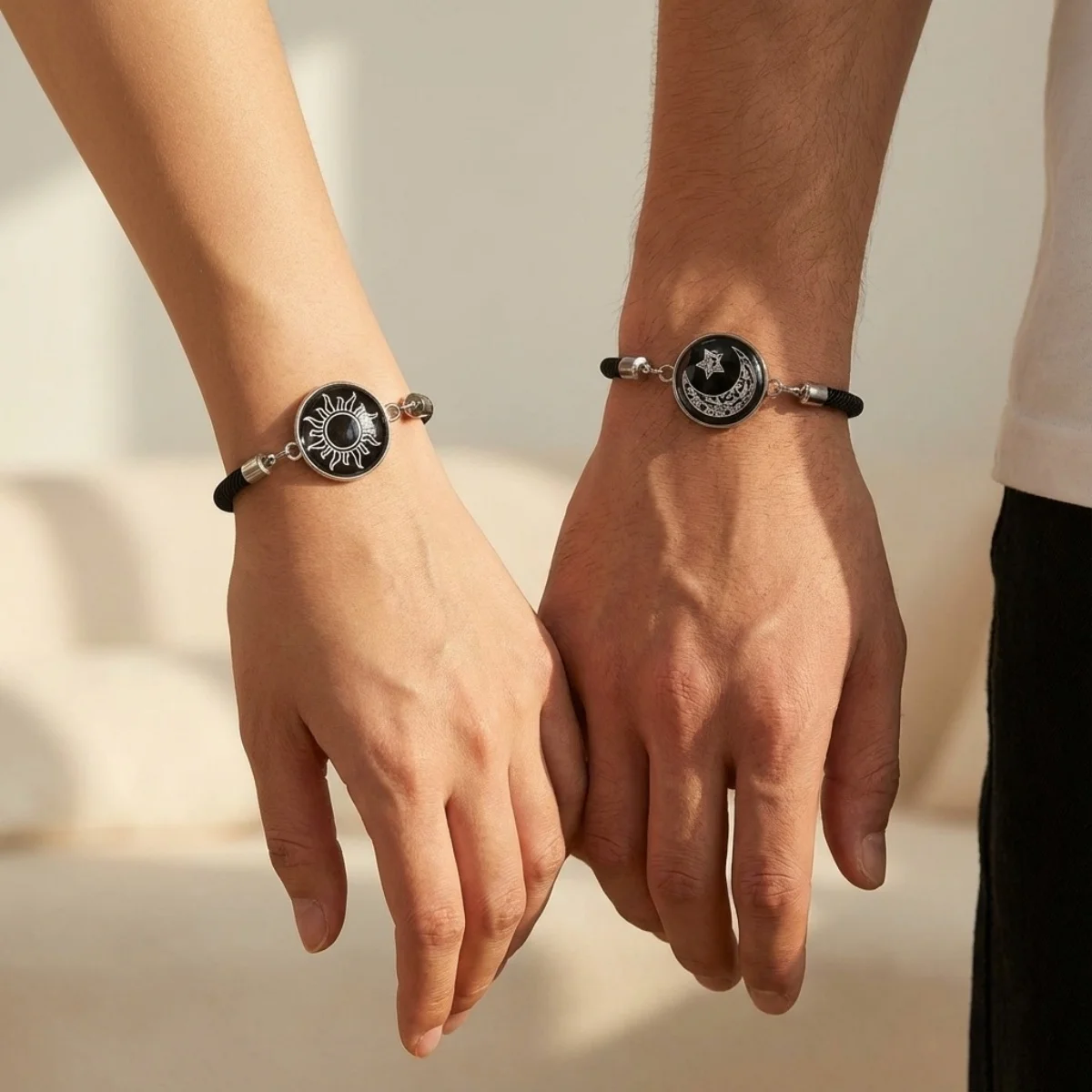 Moon Sun Pattern Glow In Dark Stainless Steel Couple Bracelet For Women Men Luminous Round Glass Black White Rope Bangle Jewelry