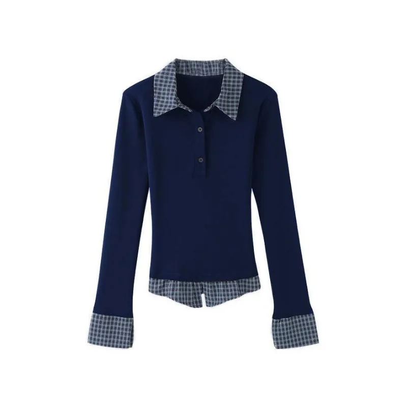 Women American Style Spring Autumn Fake Two Piece Plaid Collar Slim Fit Long Sleeve Polo T Shirt Top