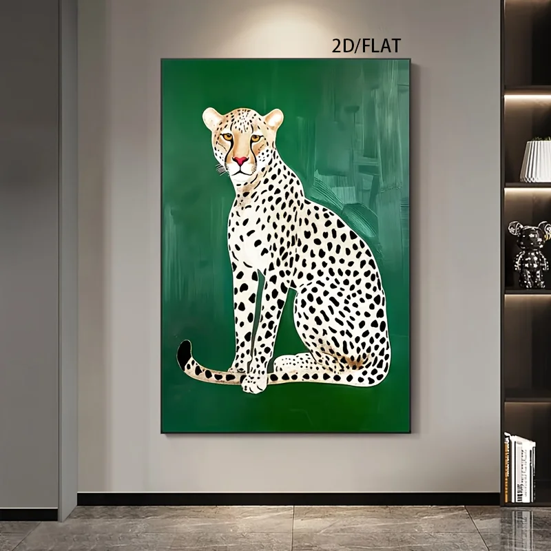 1pc Frameless Canvas Art Print - Spotted Leopard Sitting on Green Background, Large Size Wall Decor for Living Room, Bedroom