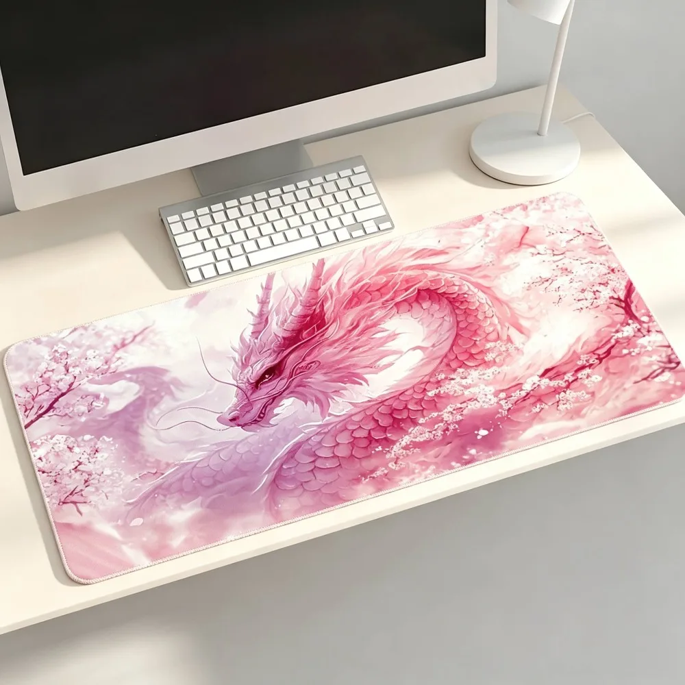 Cherry Blossom Pink Dragon Gaming Mouse Pad, Made of Micro Woven Fabric, Features Stitched Edges And Anti Slip Rubber Base