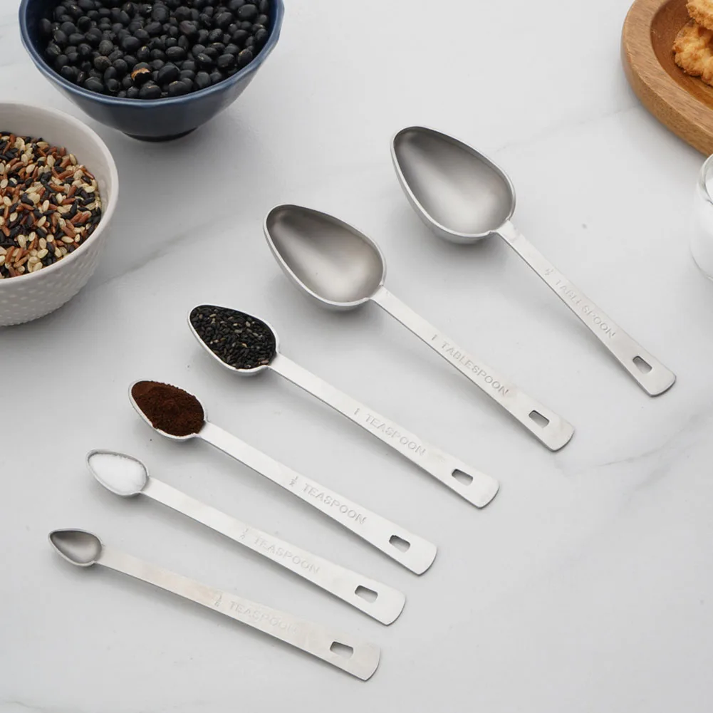6 Piece Stainless Steel Measuring Spoons with Engraved Oval Scoops for Baking Coffee Brewing Powdered Milk and Spice Measuring