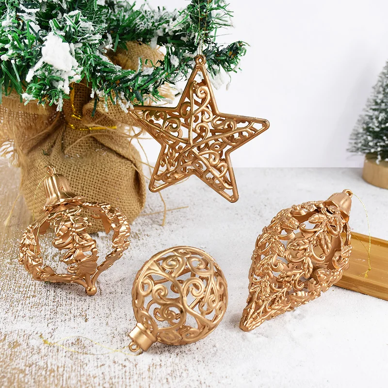 4/8Pcs Gold Hollowed Out 3D Pentagram Pumpkin Ball Pendant Christmas Tree Hanging Ornament Xmas New Year Home Party Gift Decors