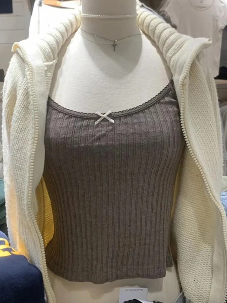 Женские майки в рубчик с бантом в стиле ретро, новые летние хлопковые топы с кружевной отделкой, повседневные топы без рукавов, милый винтажный шикарный тонкий укороченный топ Y2K