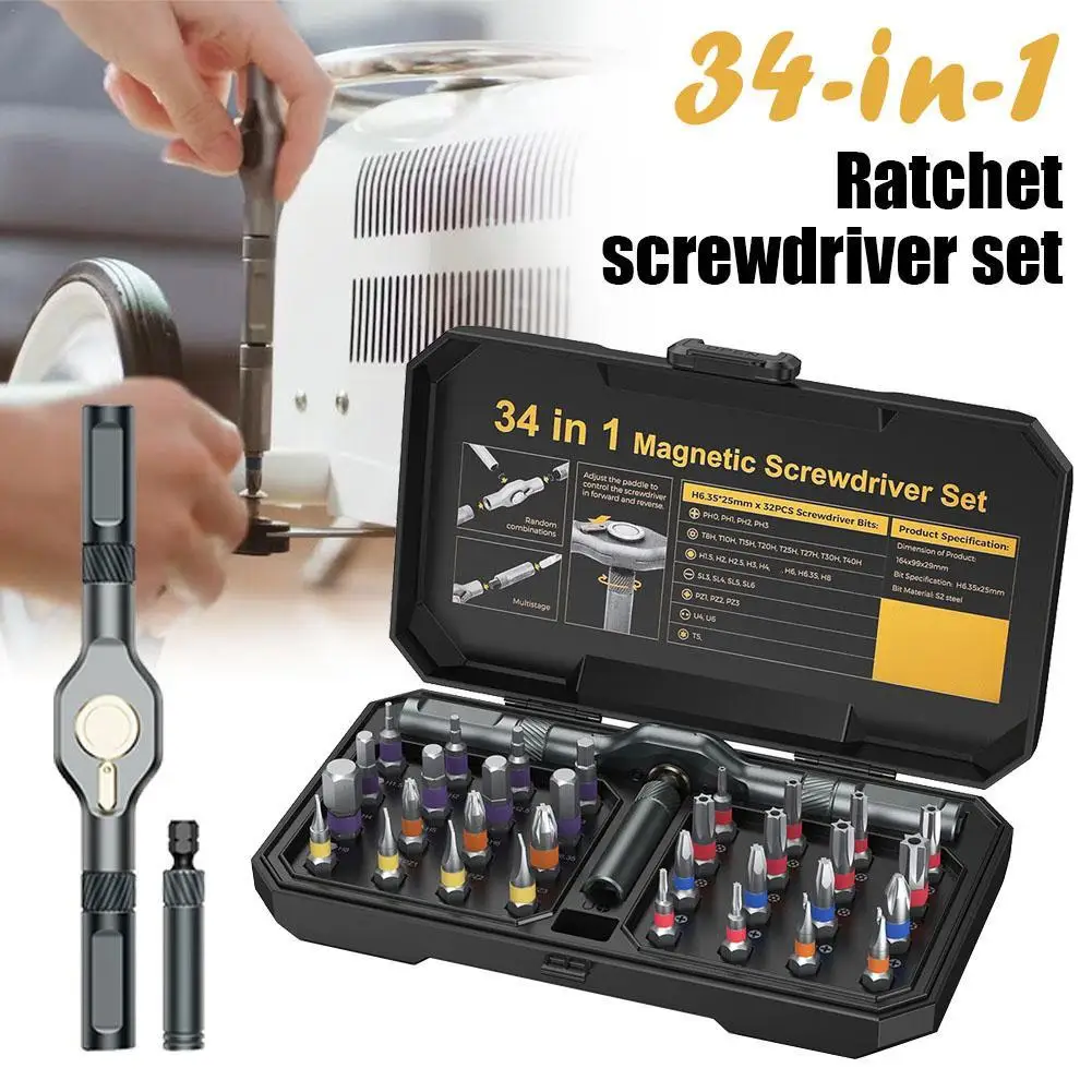 Set di cacciaviti a cricchetto 34 in 1 con punte magnetiche, kit di utensili manuali a cricchetto professionale per riparazioni fai-da-te, manutenzione domestica