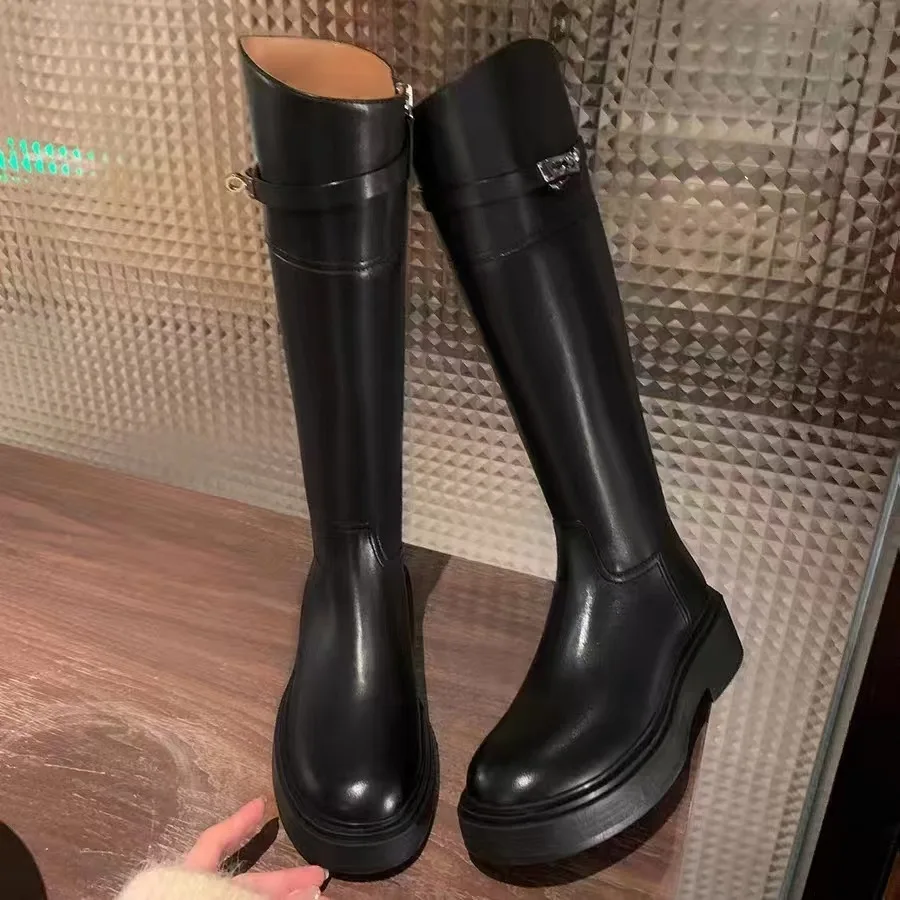 أسود أنيق بكعب منخفض جولة تو السيدات الركبة عالية رمح أحذية الخريف الشتاء الصوف مبطن القوطية جلد المرأة أحذية طويلة #3