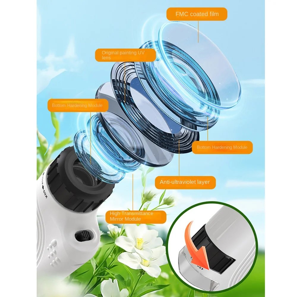 60x-120x ポータブルハンドヘルド顕微鏡 LED ライト付きリストストラップ付き子供用ポケット顕微鏡取り外し可能認知力を向上させる