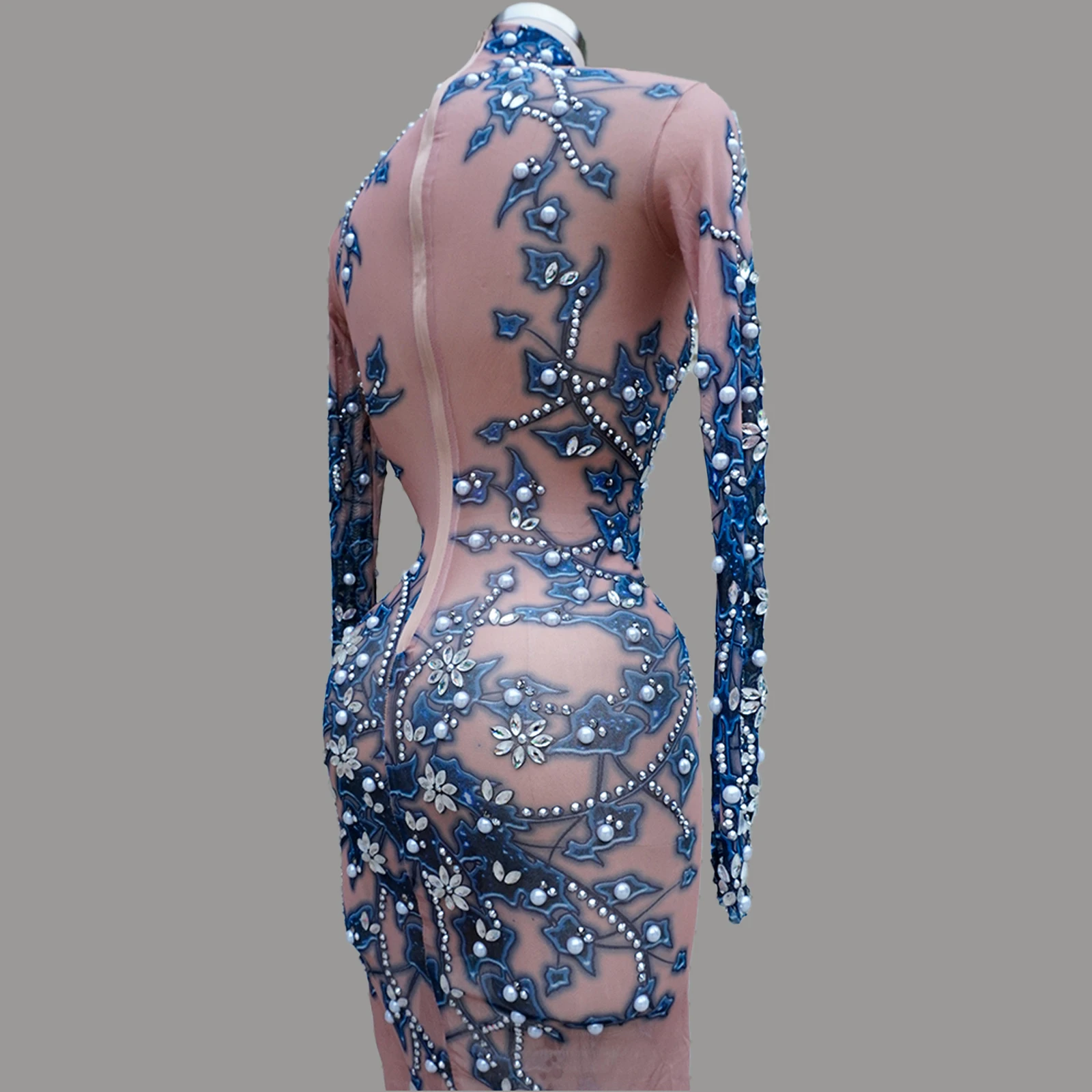 Vestido de manga larga con diamantes de imitación de cristal para mujer, trajes sexys de malla para cantante, trajes de escenario para fiesta de noche, festival de cumpleaños, disfraces de drag queen