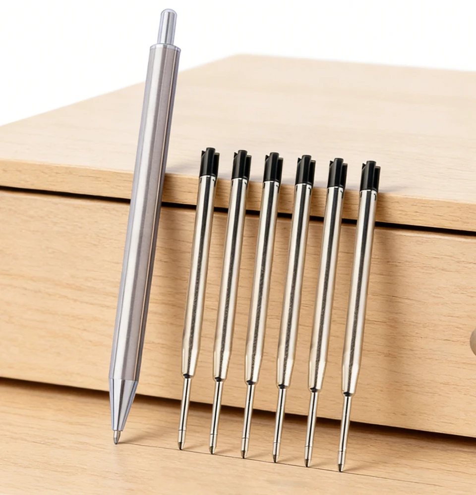 Metall-Kugelschreiber aus Edelstahl mit 6 Nachfüllungen, 0,7mm Schwarze/Blaue Tinte, Tragbarer Schreibstift für Reisen & Arbeit – Detail 4