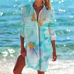 Summer new 3D floral print shirt dress Floral Beach sexy shirt jacket shirt long sleeved women's tank top dress