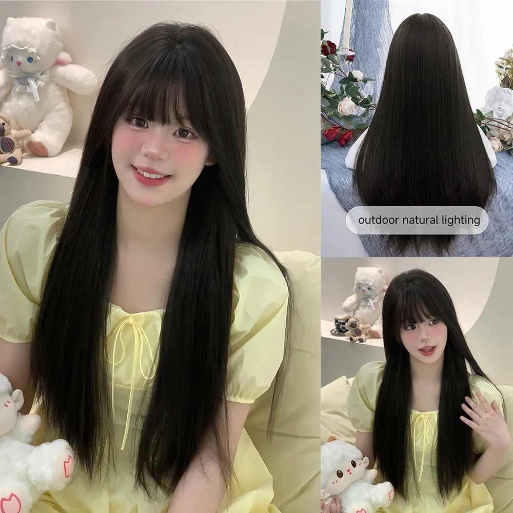 Wig sintetik gaya Lolita hitam 30 inci dengan Wig rambut panjang halus lurus untuk penggunaan sehari-hari wanita pesta Cosplay tahan panas