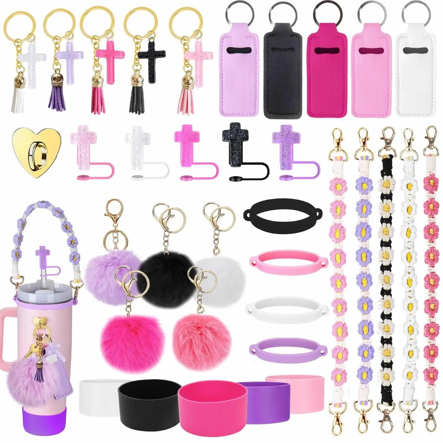 Cross Straw Toppers Cup Carrying Straps Pom-Pom Pendants Lipstick Pouches for Stanley Cups - Set of 4