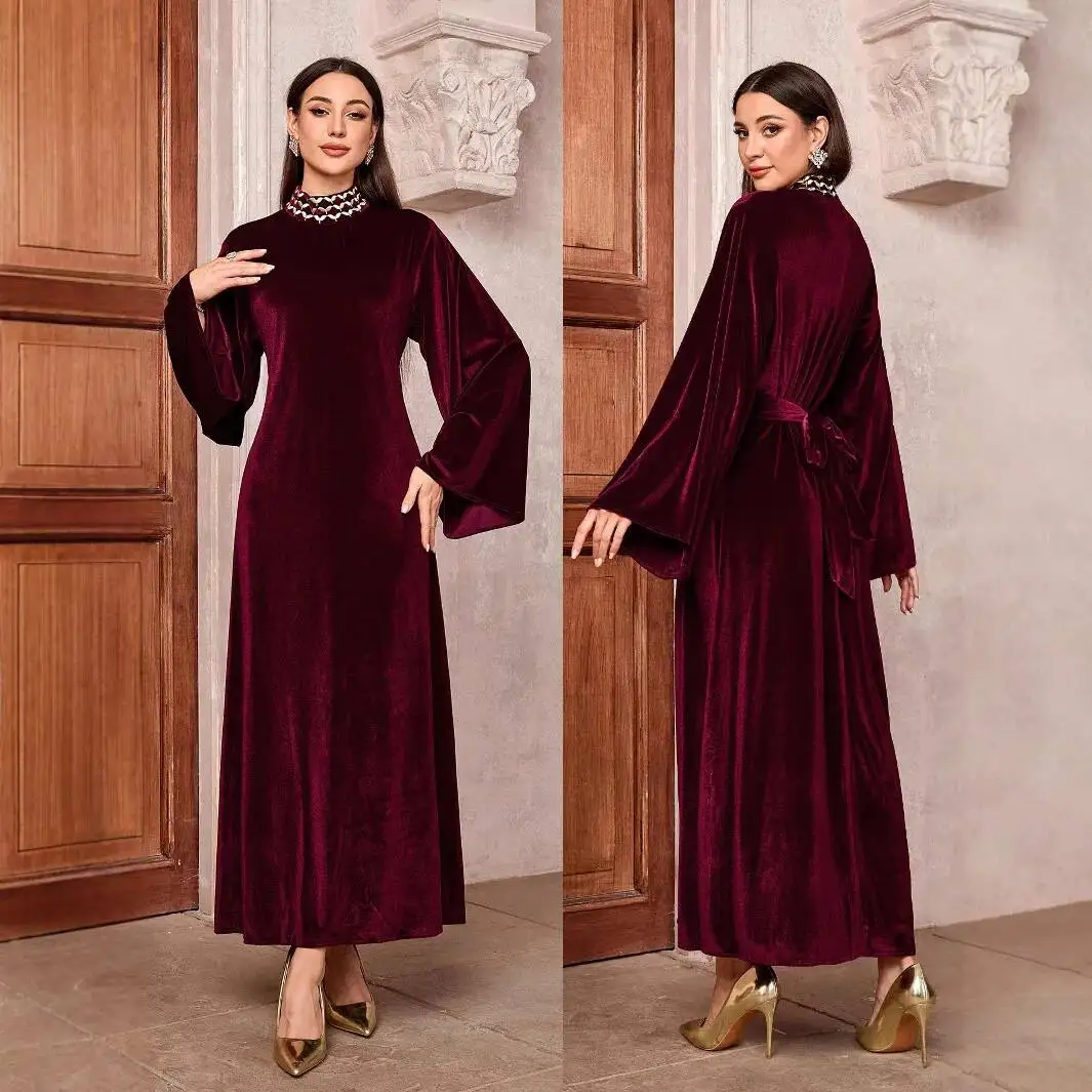 

Saudi Arabian Muslim Embroidered Dress With Bell Sleeves, Belt, And Zipper Cover-up 2026 Summer Dress Robe Vestido Women Party