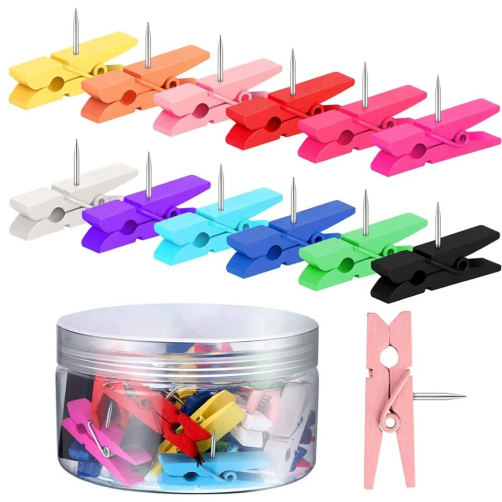 

50Pcs/Box Pushpins Wooden Clips Push Pin Decorative Colorful Blackboard Push Pins Convenient Durable Thumb Tacks Cork Board