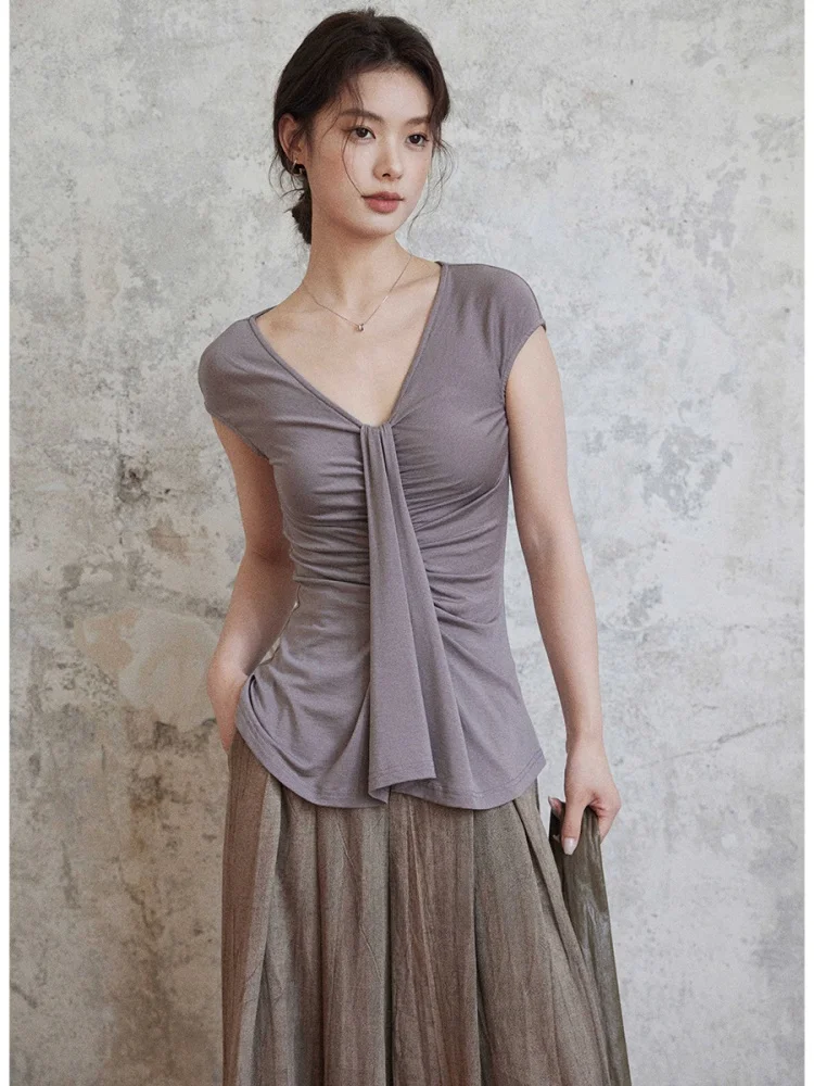 

Design Sensation V-ne плиссированный топ для поездок на работу Женская футболка из лиоцелла Ice Sensation ort Sve Повседневная футболка Pure Color Slim Fit