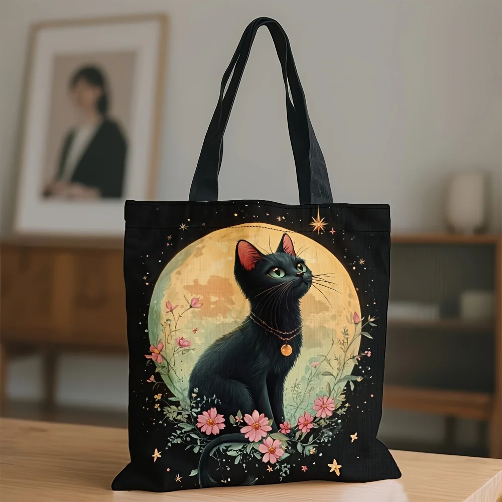 1pc Charming Black Cat & Floral Wreath Tote Bag Durable Spacious Shoulder Bag for Women for Shopping Daily Use Cat Lover Gifts