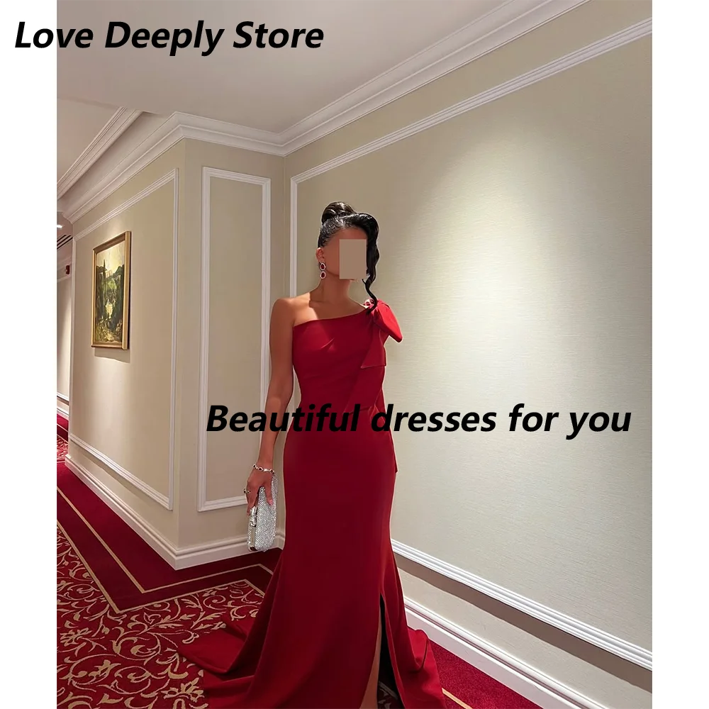 Red Jersey Evening Dress Customized One Shoulder Long Sleeves Mermaid Sweep Train Formal Party Gown Custom Size Prom Dress