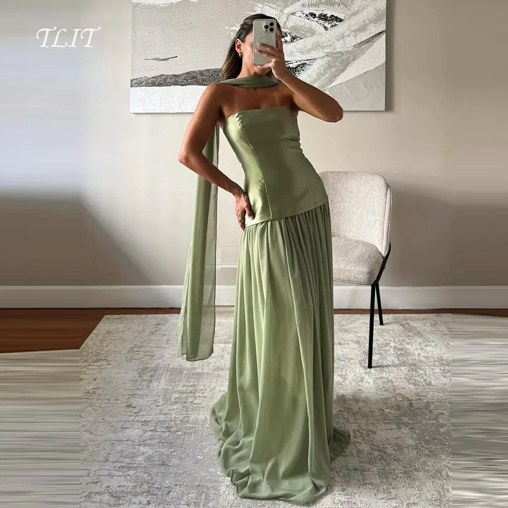 TLIT elegante vestido de noche de gasa satinada verde árabe sin tirantes vestido de fiesta de boda mujeres vestidos de graduación sin tirantes personalizados