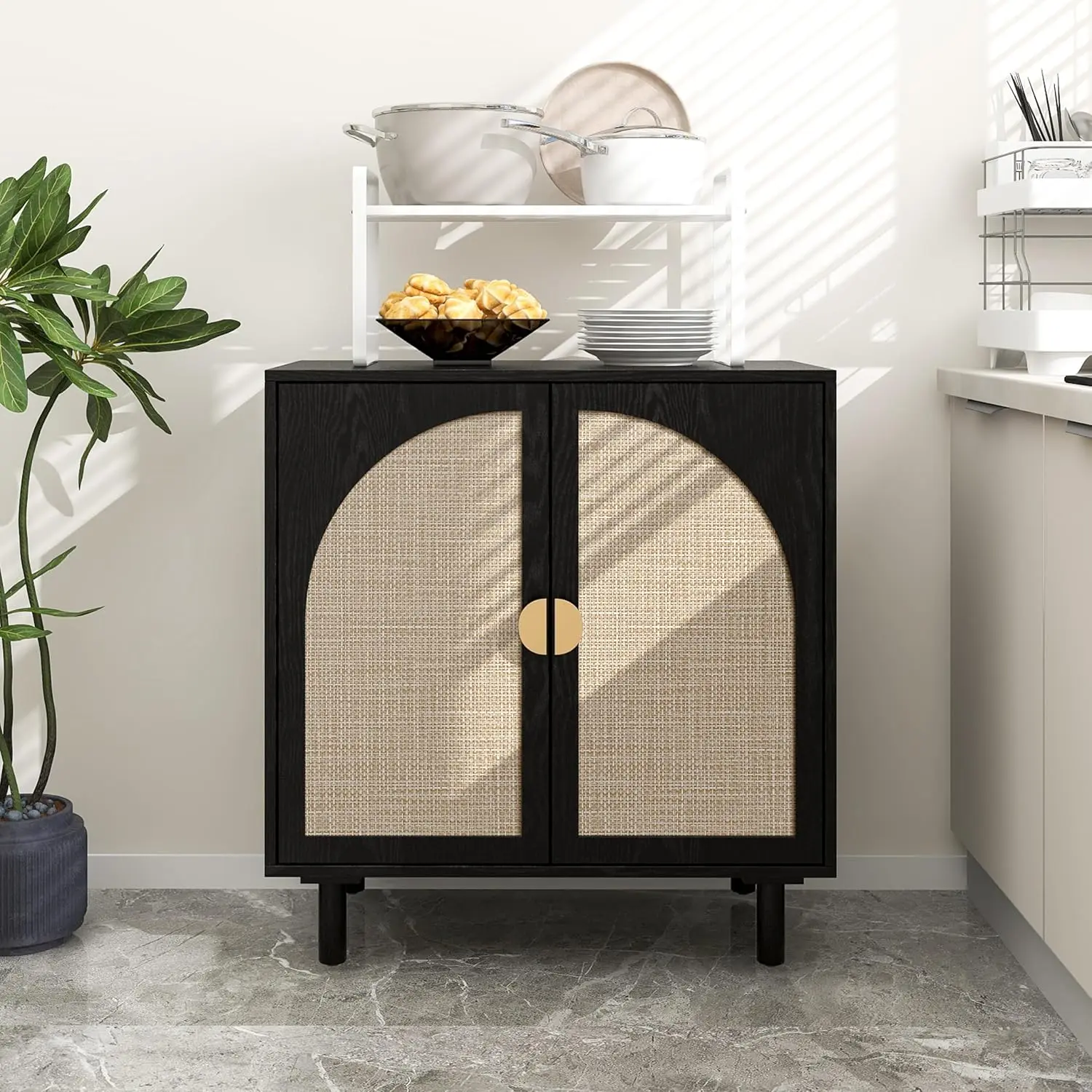 

Black Rattan Cabinet-2-Doors,Sideboard Buffet Cabinet with Storage-Accent Storage Cabinet with Cane Door, Boho Wood Credenza for