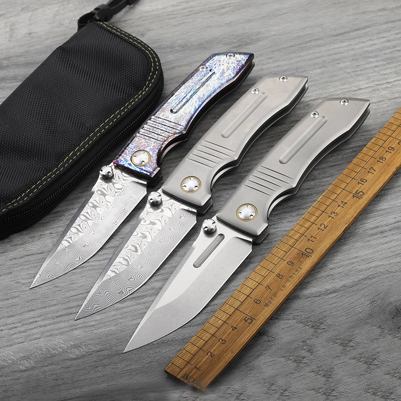 VG10/Damascus steel blade titanium alloy handle folding knife outdoor self-defense hunting camping hiking portable tool knife view 2