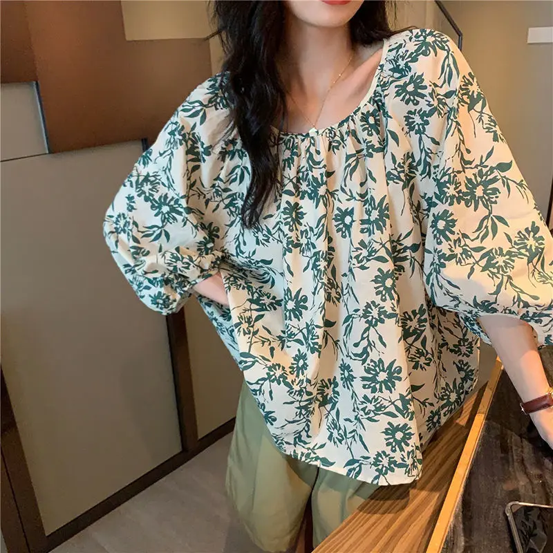 Loose Pullovers Printing Round Neck Casual Shirts Spring Summer Thin Puff Sleeve Women\'s Clothing 2022 Sweet Cute Tops Fashion