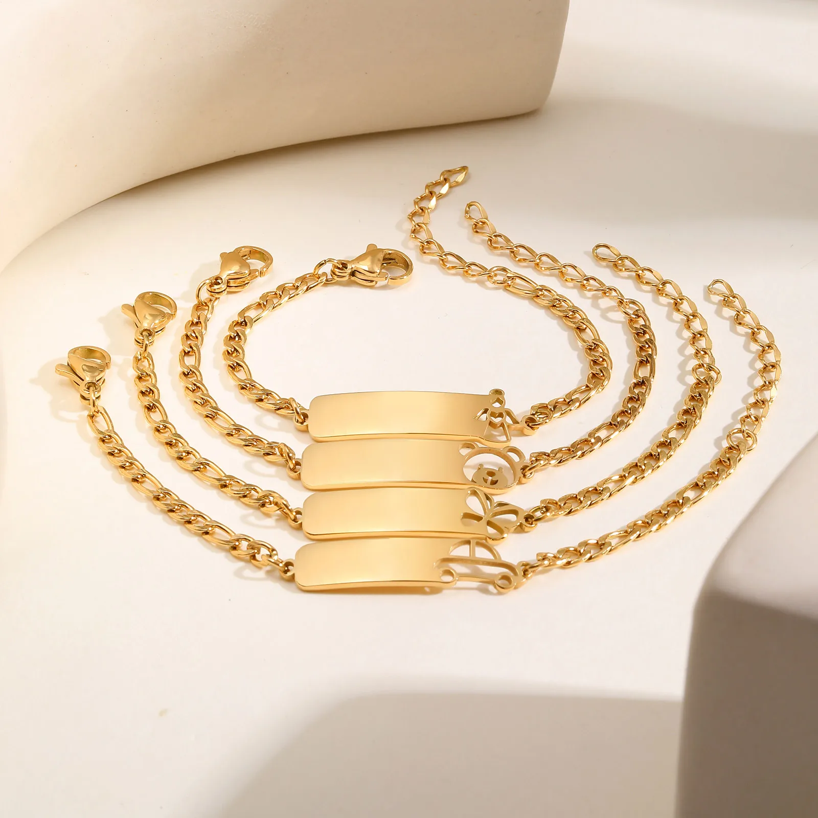 Vnox Personalized Bracelets For Baby Anglea Butterfly Bear Hollow Engraved Nameplate Stainless Steel Jewelry Gold Color Chain
