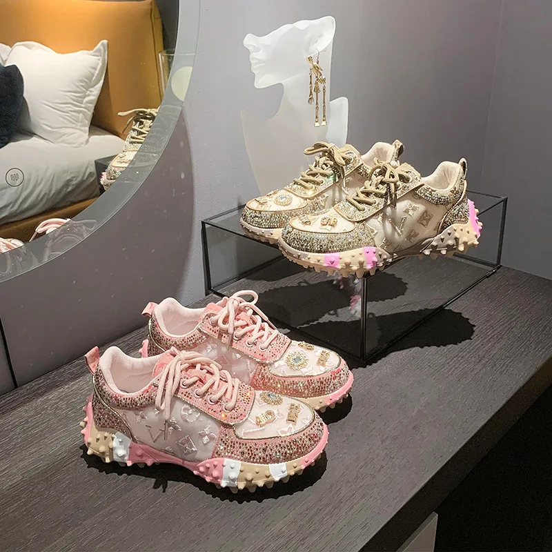 Zapatillas de deporte de lujo con diamantes de imitación para mujer, zapatos informales con plataforma para correr al aire libre, Zapatillas deportivas de malla de diseñador para mujer