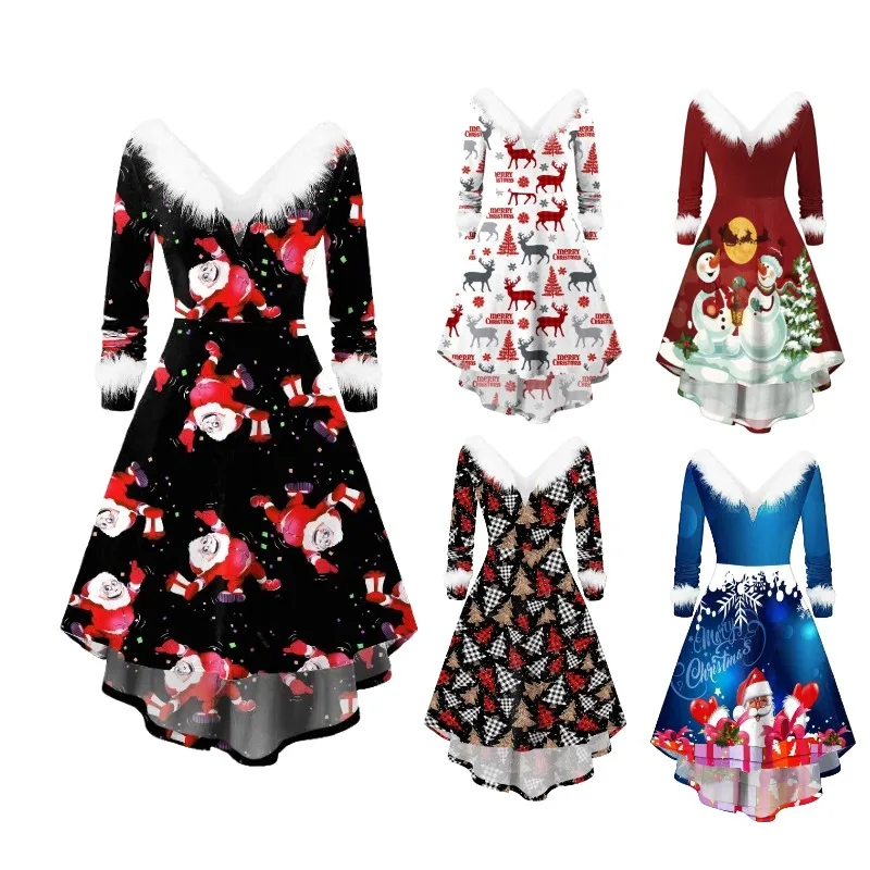 

Women Christmas Cosplay Dress Cartoon Santa Claus Snowflake Print Plush Long Sleeved V-neck Elegant Dresses for Xmas Party