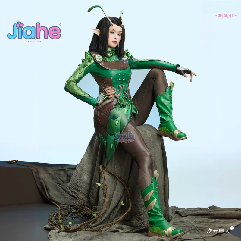 Superhero Mantis Lorelei Rivals Cosplay Costume Women Fantasy Uniform Halloween Green Leather Tight Coat Headwear Gloves Prop