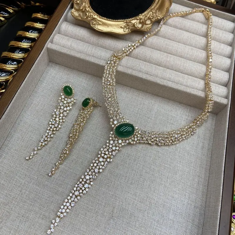 Oval Green Stone Jewelry Set Full Paved Cubic Zirconia Long Tassel Necklace Earrings Set Elegant Daily Women Fashion Accessories