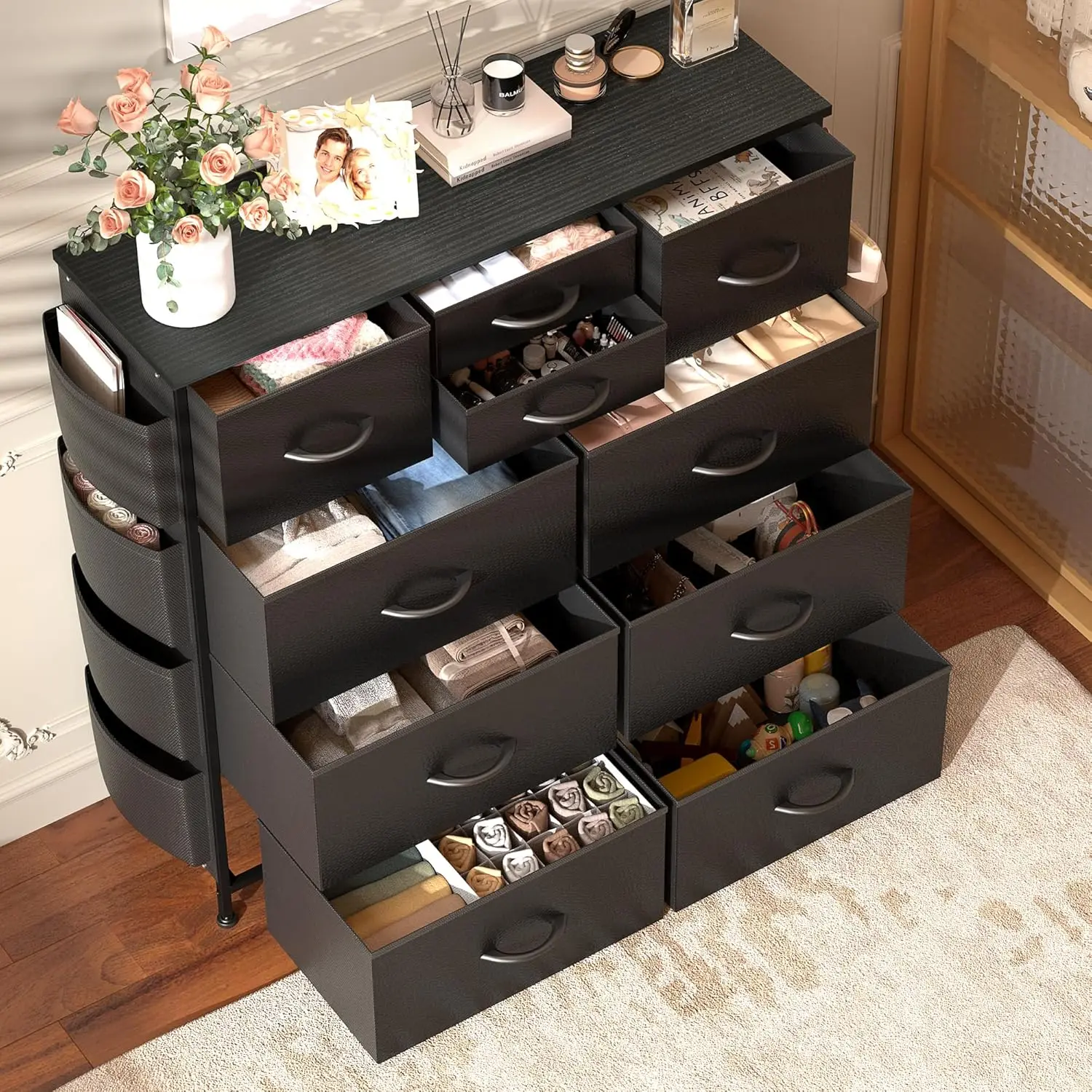 for Bedroom with 10 Drawers, Chest of Drawers with Side Pockets and Hooks, PU Storage Dresser, Organizer Unit for