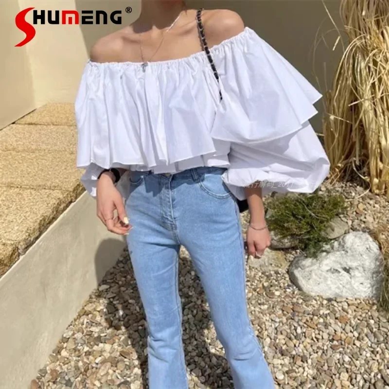 

Female Solid Color Outer Wear Tops 2023 Early Spring Design Sense Niche Ruffled Off-Shoulder Long Sleeve Shirt for Women