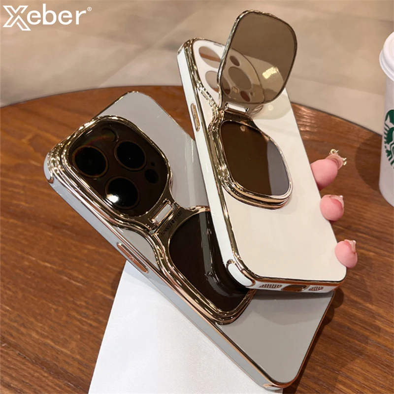 Plating Sunglasses Bracket Stand Case For iPhone 15 Pro Max 14 13 12 Silicone Shockproof Folding Camera Protection Holder Cover