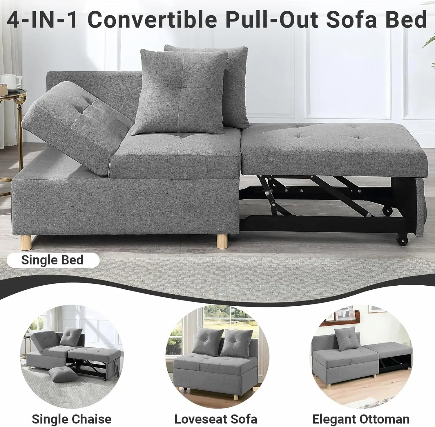 4-in-1 Convertible Sleeper Sofa Single Pull Out Couch Chair Storage and Pillows Modern Recliner for Living Room Apartment Office