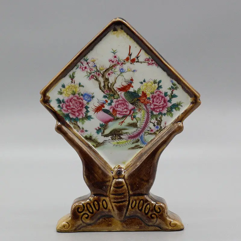Antique ceramics carving Famille rose porcelain flower and bird patterned screen home study desktop Chinese style decoration